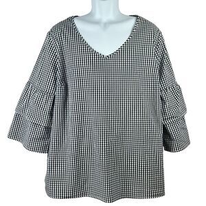 Como Vintage Black White Gingham Plaid Bell Sleeve Check Top Womens 2X